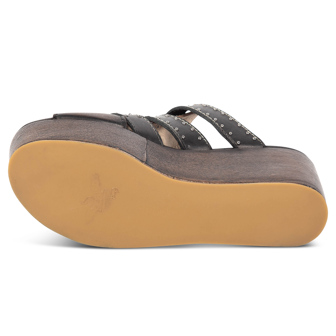 Rubber sole imprinted with FREEBIRD on women's Landi black platform sandal