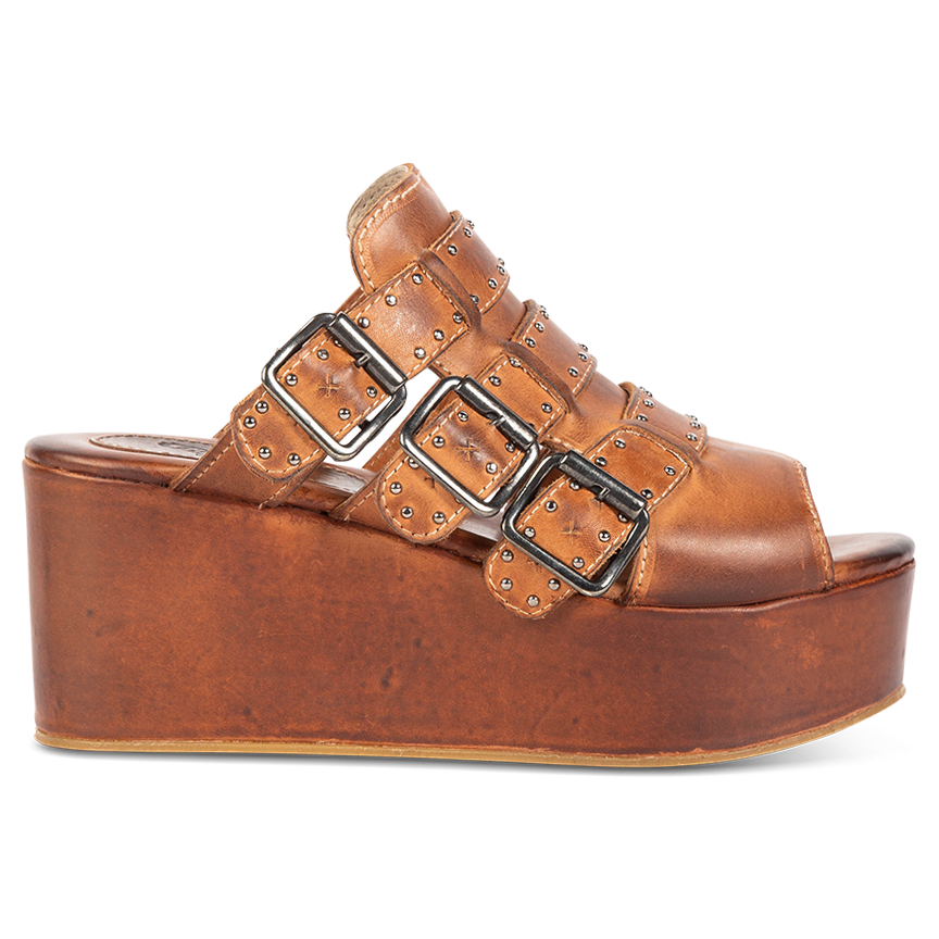 FREEBIRD women's Landi cognac slip-on sandal with adjustable straps and platform heel