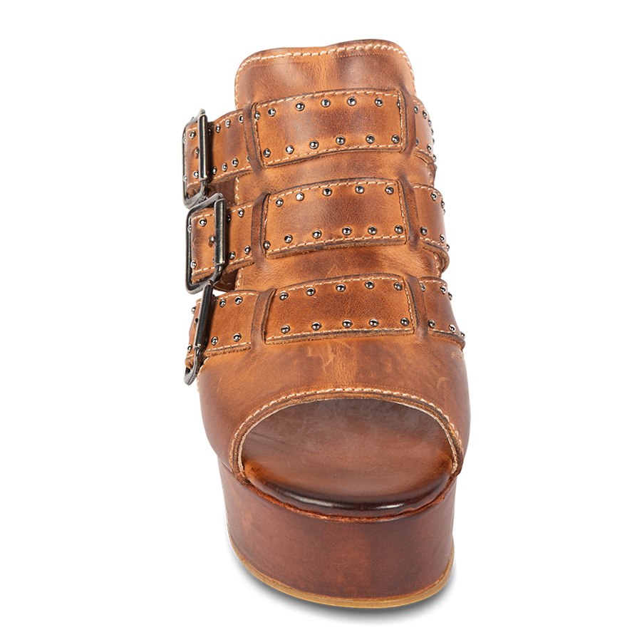 Front view showing adjustable buckles on FREEBIRD women's Landi cognac platform sandal