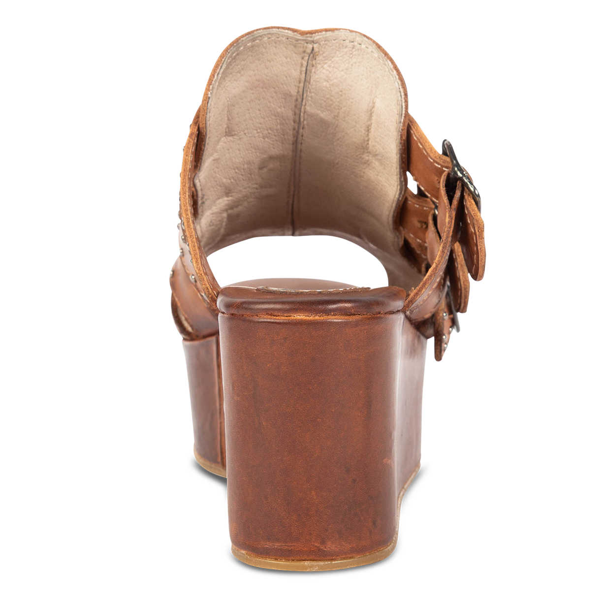 Back view showing block heel on FREEBIRD women's cognac platform sandal