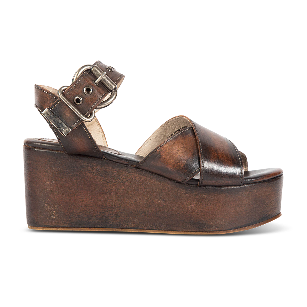 FREEBIRD women's Larae black distressed wedge sandal with platform heel and an adjustable ankle strap