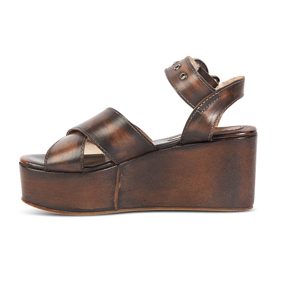 Inside view showing heel and straps on FREEBIRD women's Larae black distressed wedge sandal with platform heel and an adjustable ankle strap