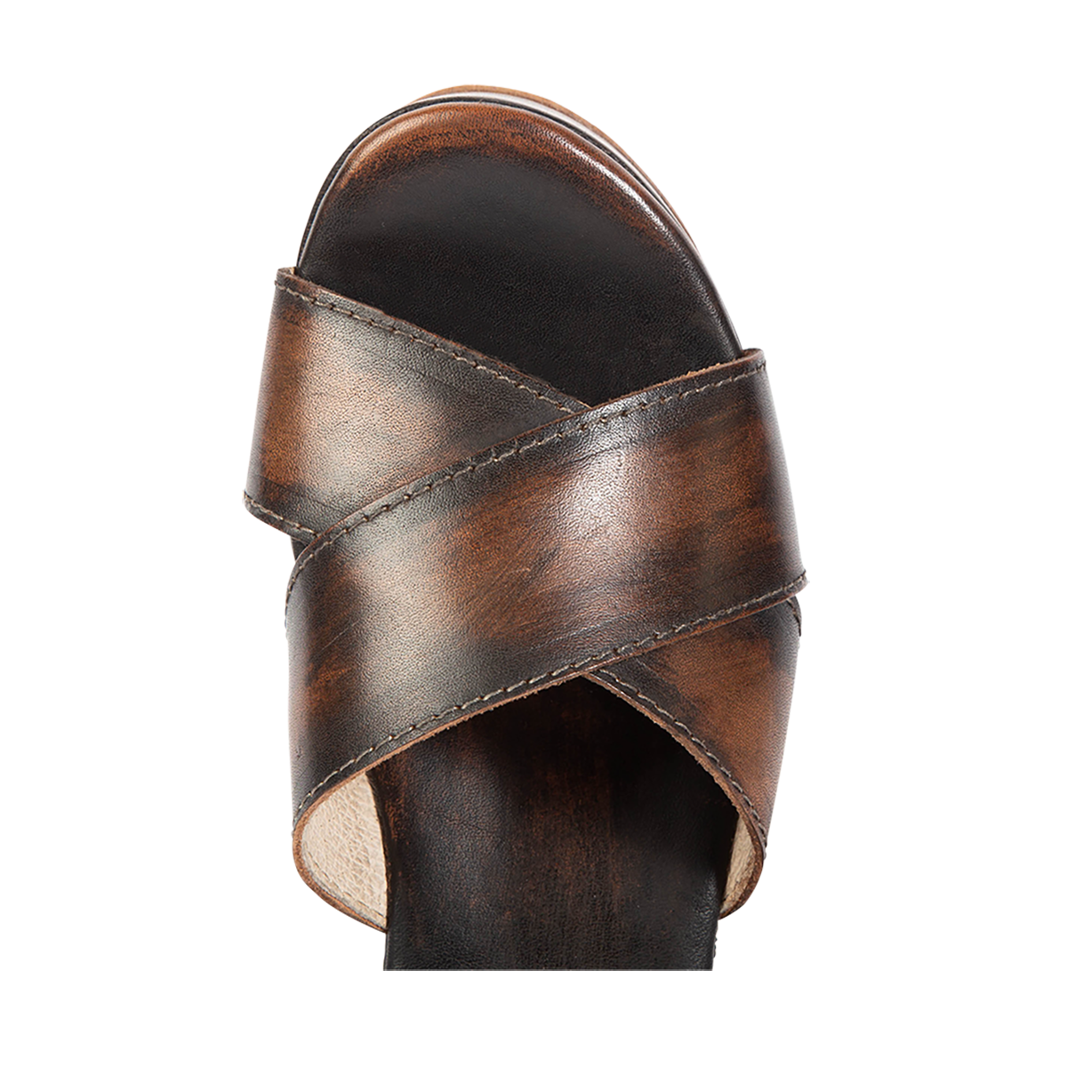Top view showing cross-over straps on FREEBIRD women's Larae black distressed wedge sandal with platform heel and an adjustable ankle strap