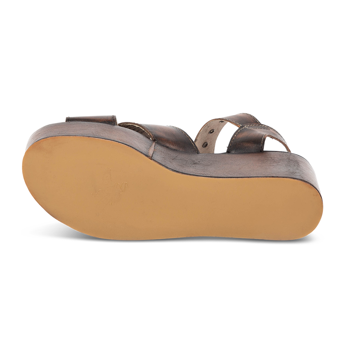 Rubber sole imprinted with FREEBIRD on women's Larae black distressed platform sandal