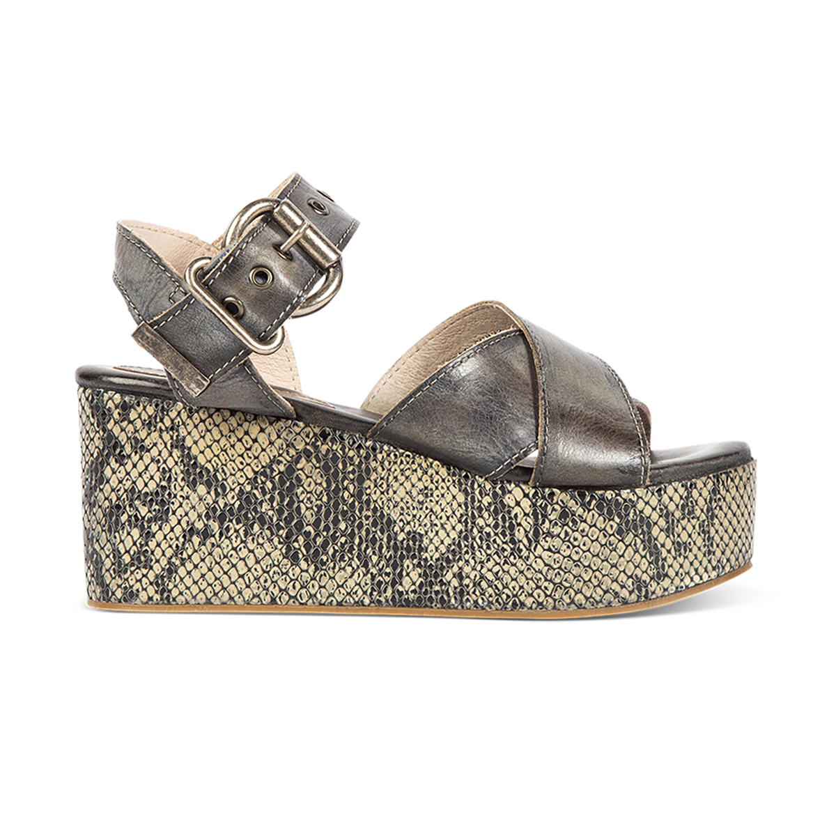 FREEBIRD women's Larae olive snake wedge sandal with platform heel and an adjustable ankle strap