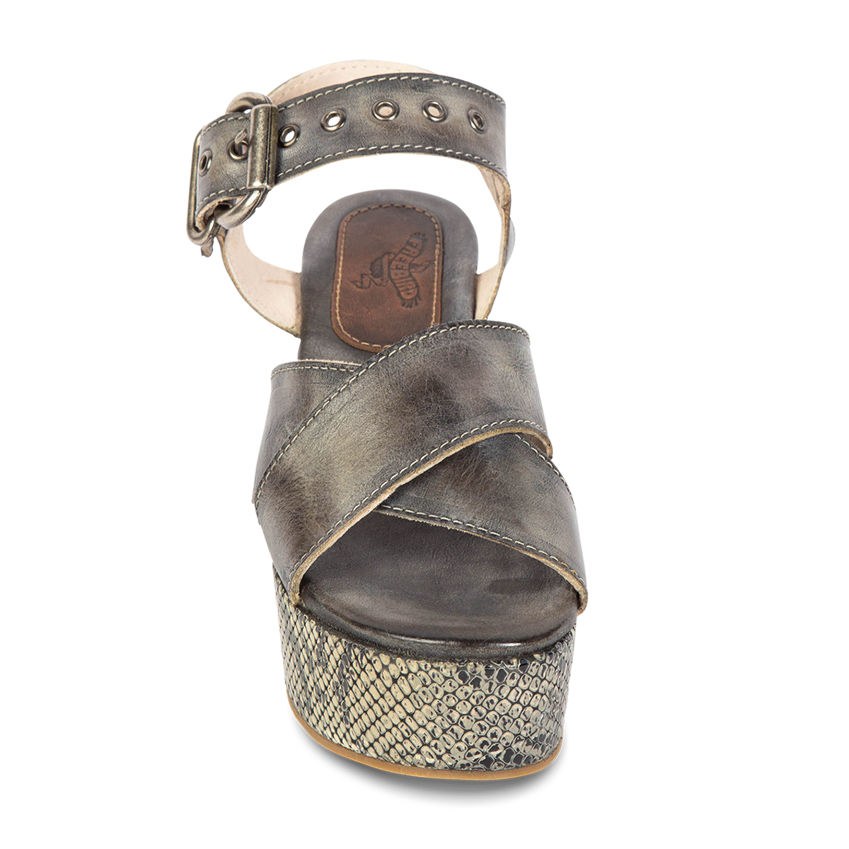 Front view showing cross-over straps on FREEBIRD women's Larae olive snake wedge sandal with platform heel and an adjustable ankle strap
