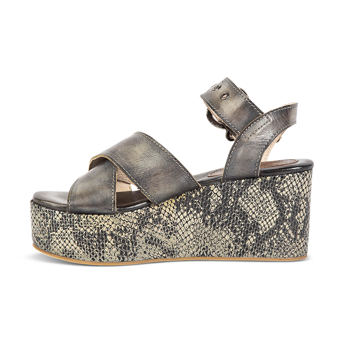 Inside view showing heel and straps on FREEBIRD women's Larae olive snake wedge sandal with platform heel and an adjustable ankle strap