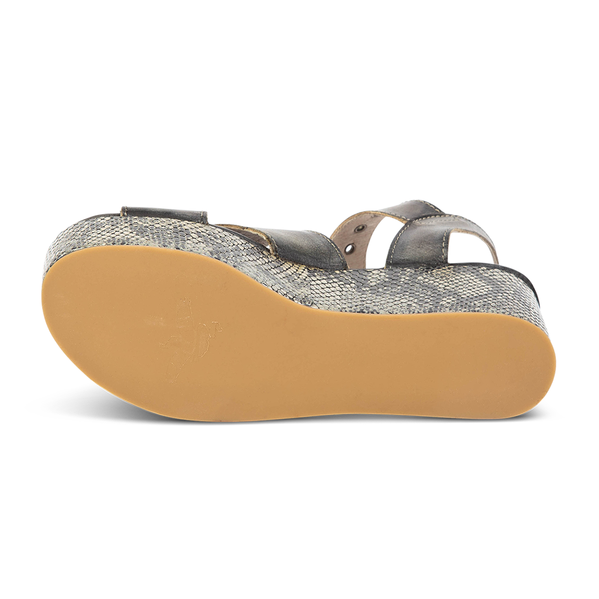 Rubber sole imprinted with FREEBIRD on women's Larae olive snake platform sandal