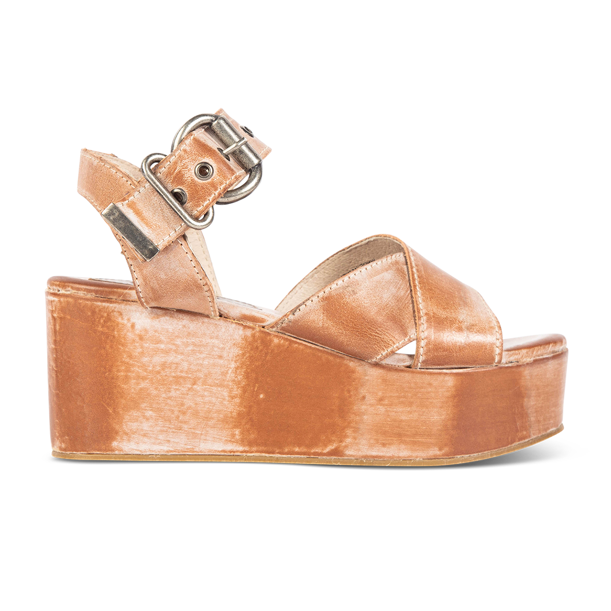 FREEBIRD women's Larae taupe wedge sandal with platform heel and an adjustable ankle strap