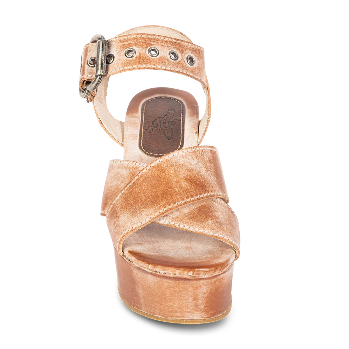 Front view showing cross-over straps on FREEBIRD women's Larae taupe wedge sandal with platform heel and an adjustable ankle strap