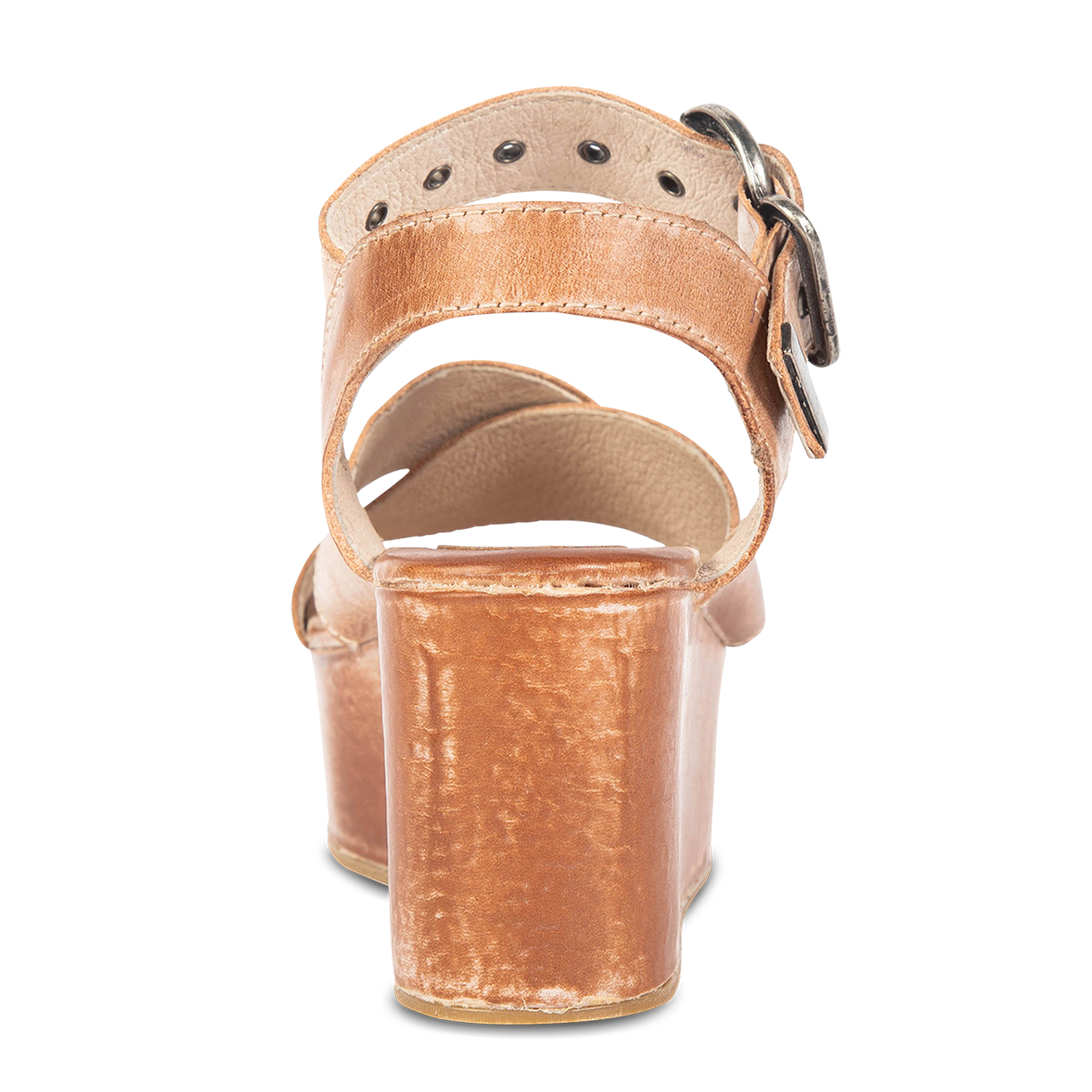 Back view showing heel on FREEBIRD women's Larae taupe wedge sandal with platform heel and an adjustable ankle strap
