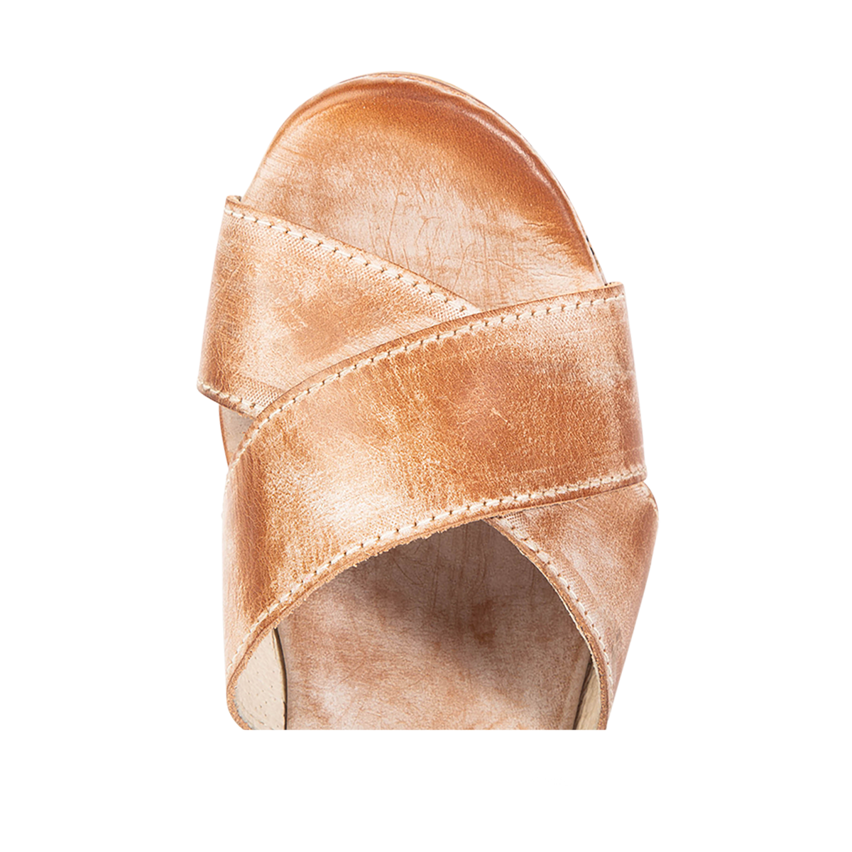 Top view showing cross-over straps on FREEBIRD women's Larae taupe wedge sandal with platform heel and an adjustable ankle strap