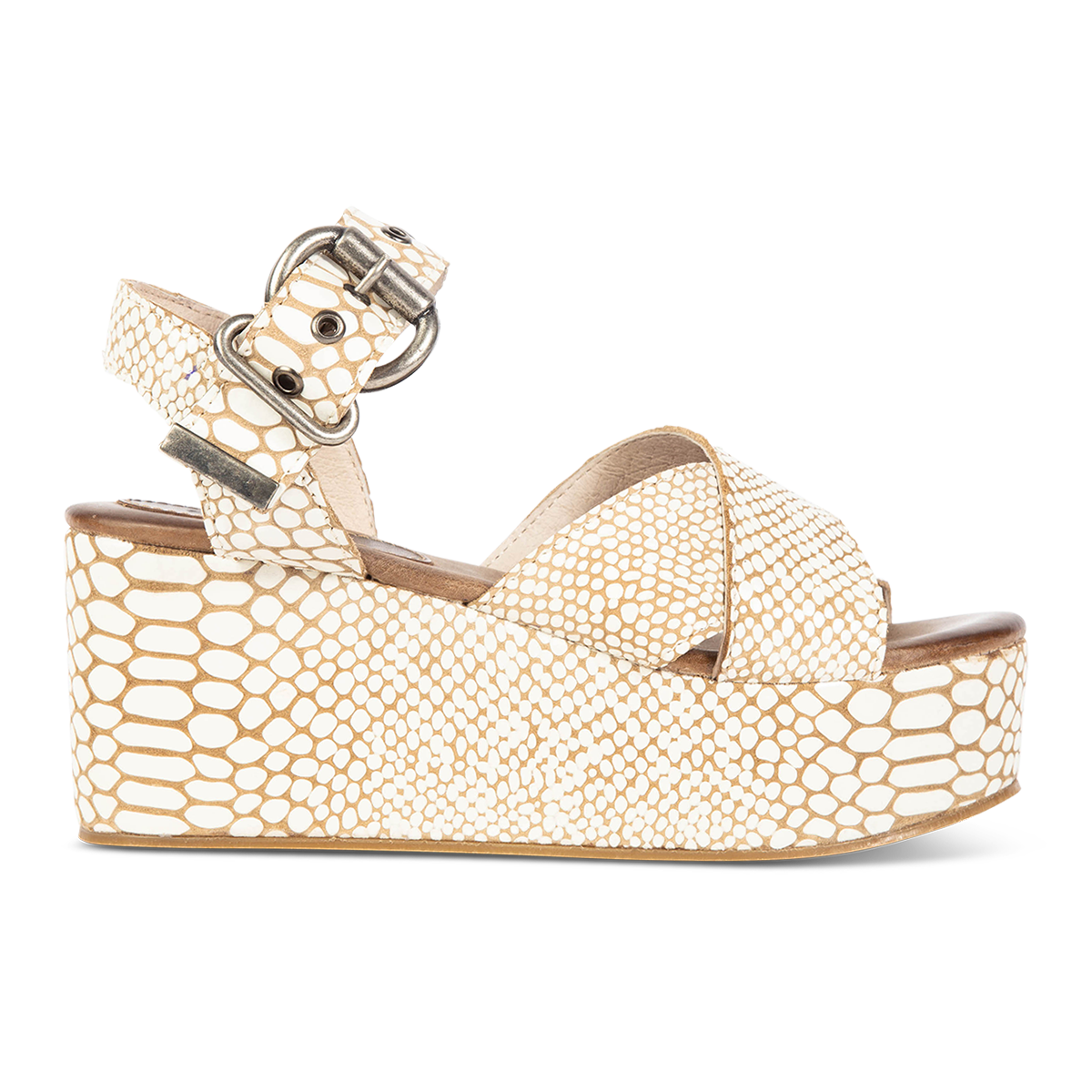 FREEBIRD women's Larae white snake wedge sandal with platform heel and an adjustable ankle strap