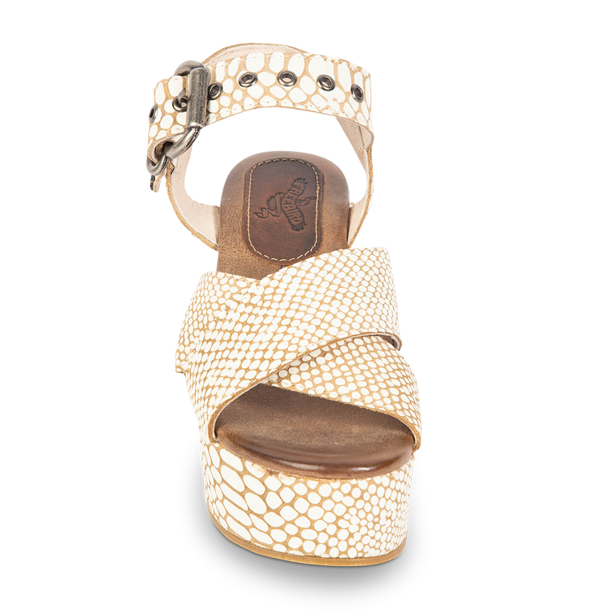 Front view showing cross-over straps on FREEBIRD women's Larae white snake wedge sandal with platform heel and an adjustable ankle strap