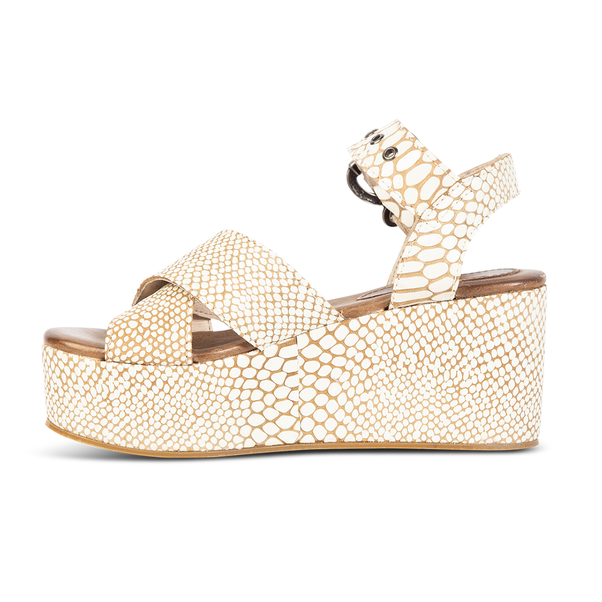 Inside view showing heel and straps on FREEBIRD women's Larae white snake wedge sandal with platform heel and an adjustable ankle strap