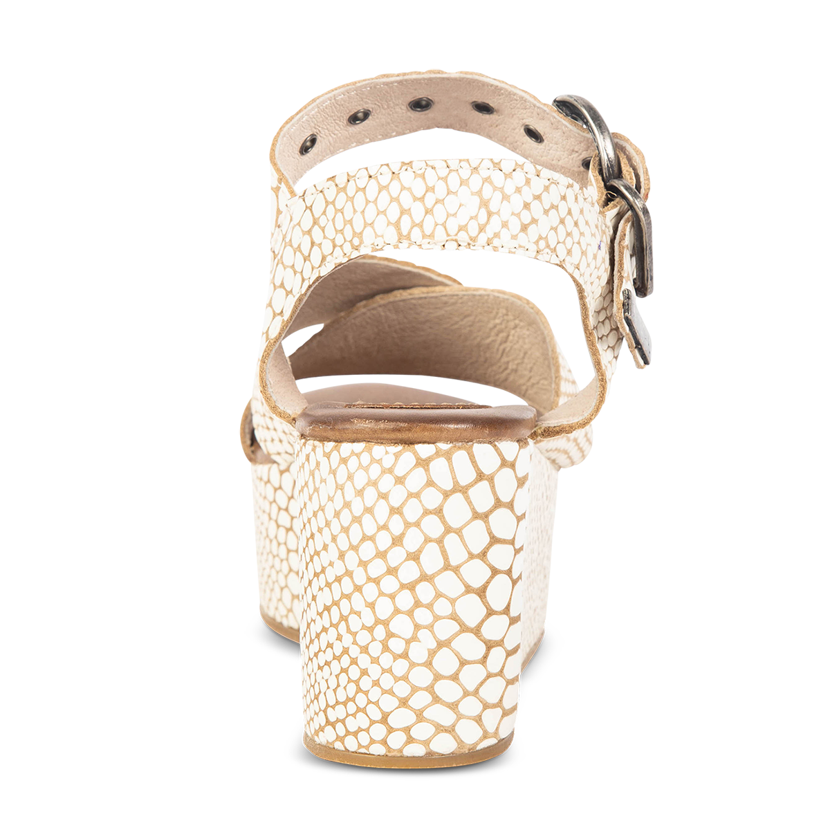 Back view showing heel on FREEBIRD women's Larae white snake wedge sandal with platform heel and an adjustable ankle strap