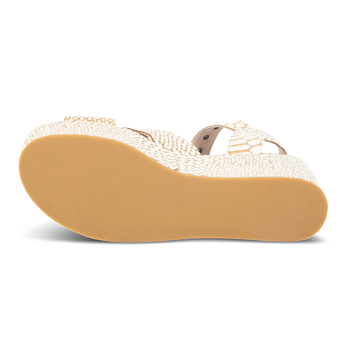 Rubber sole imprinted with FREEBIRD on women's Larae white snake platform sandal