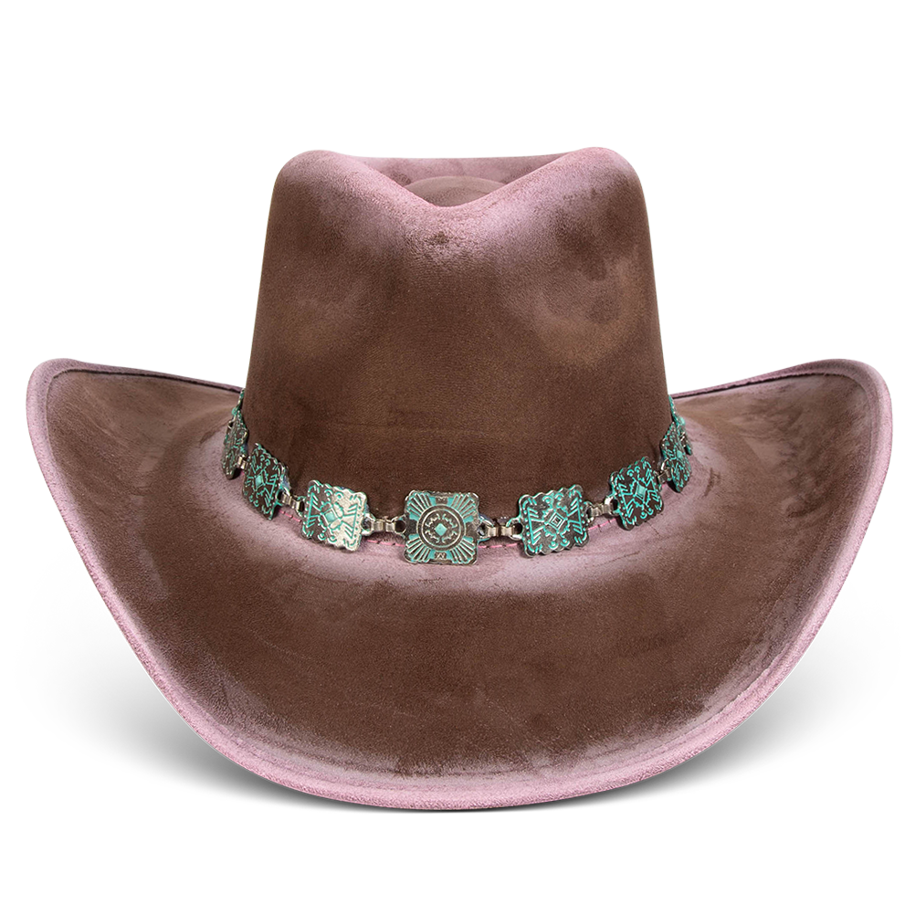 FREEBIRD Lasso pink distressed western hat featuring teardrop crown, upturned-brim, and turquoise metal band