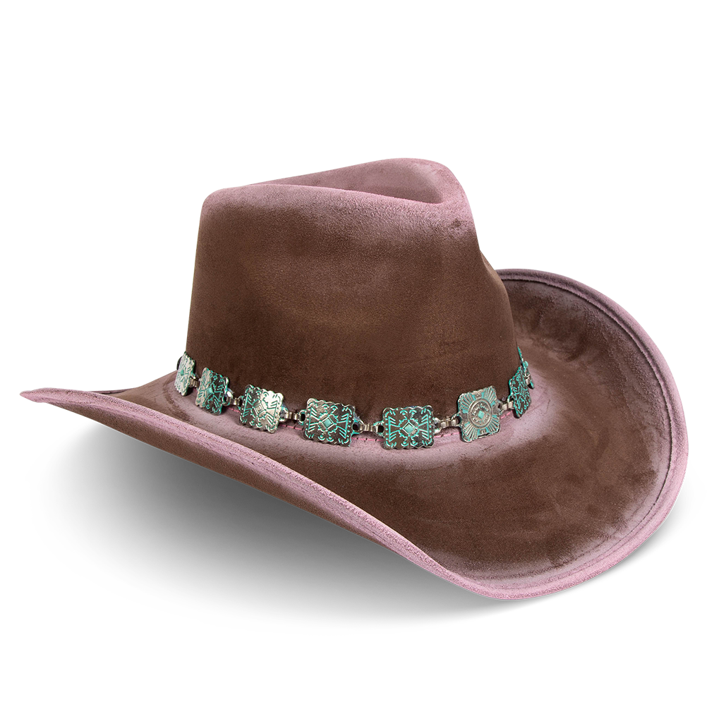 Lasso pink distressed side view showing upturned-brim on FREEBIRD western hat featuring teardrop crown and turquoise metal band