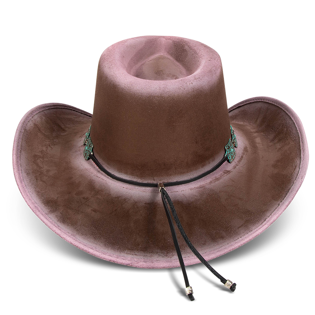 Lasso pink distressed back view showing upturned-brim on FREEBIRD western hat featuring teardrop crown and turquoise metal band