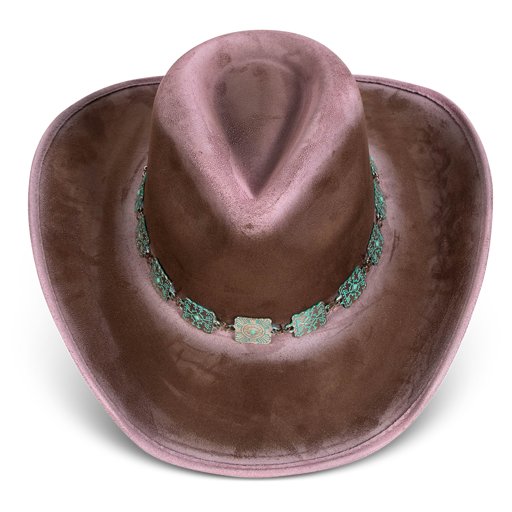 Lasso pink distressed top view showing teardrop crown on FREEBIRD western hat featuring upturned-brim and turquoise metal band