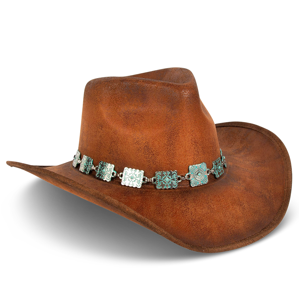 Lasso rust distressed side view showing upturned-brim on FREEBIRD western hat featuring teardrop crown and turquoise metal band
