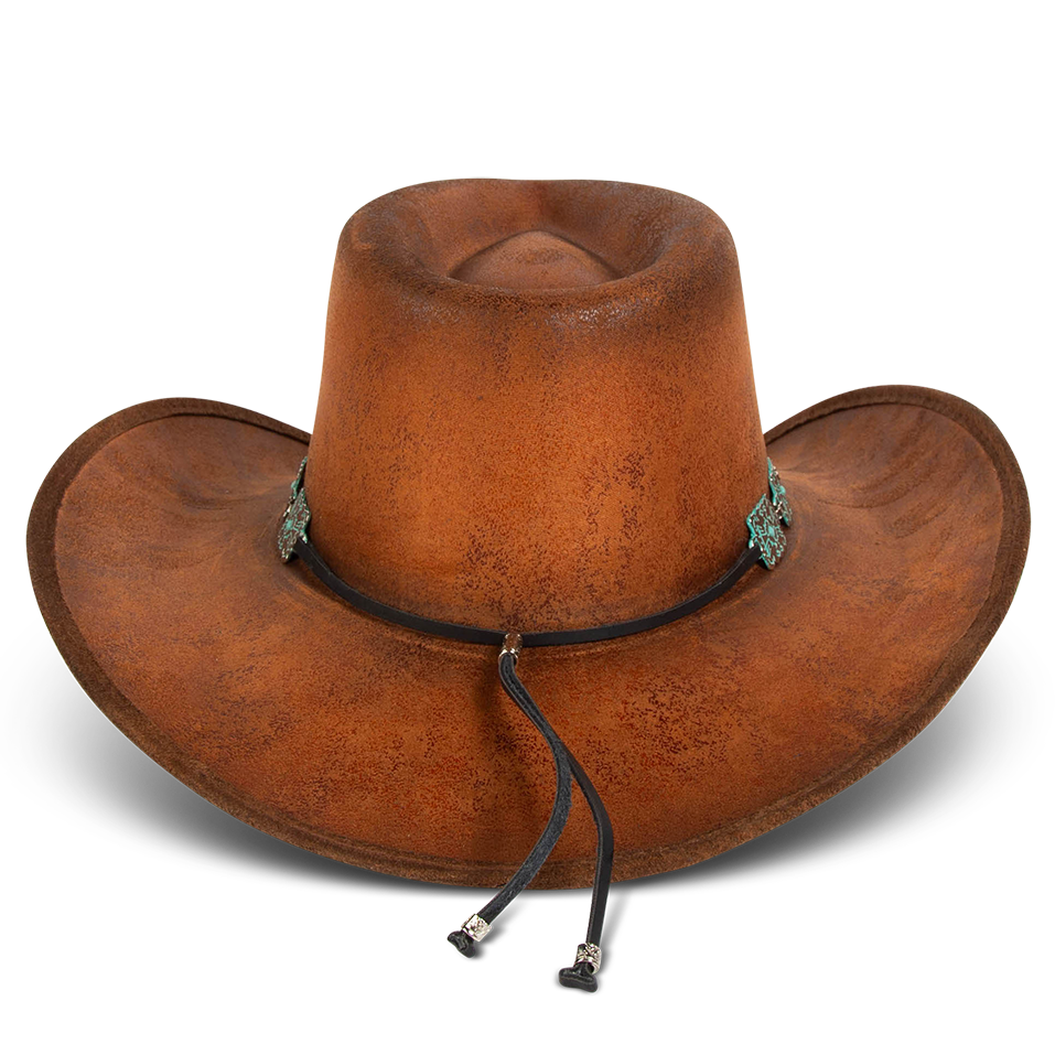 Lasso rust distressed back view showing upturned-brim on FREEBIRD western hat featuring teardrop crown and turquoise metal band
