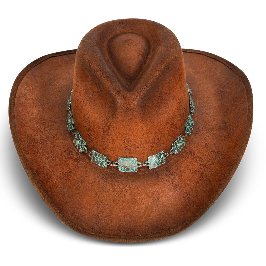 Lasso rust distressed top view showing teardrop crown on FREEBIRD western hat featuring upturned-brim and turquoise metal band