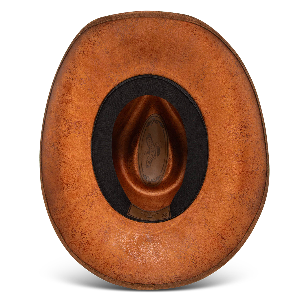 Lasso rust distressed inside view showing sweatband on FREEBIRD western hat featuring a teardrop crown, upturned-brim, and turquoise metal band