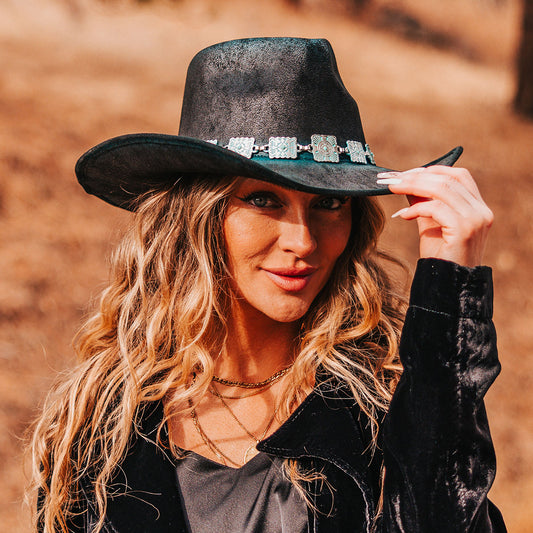 FREEBIRD Lasso turquoise faux suede hat with a tear-drop crown and upturned brim 