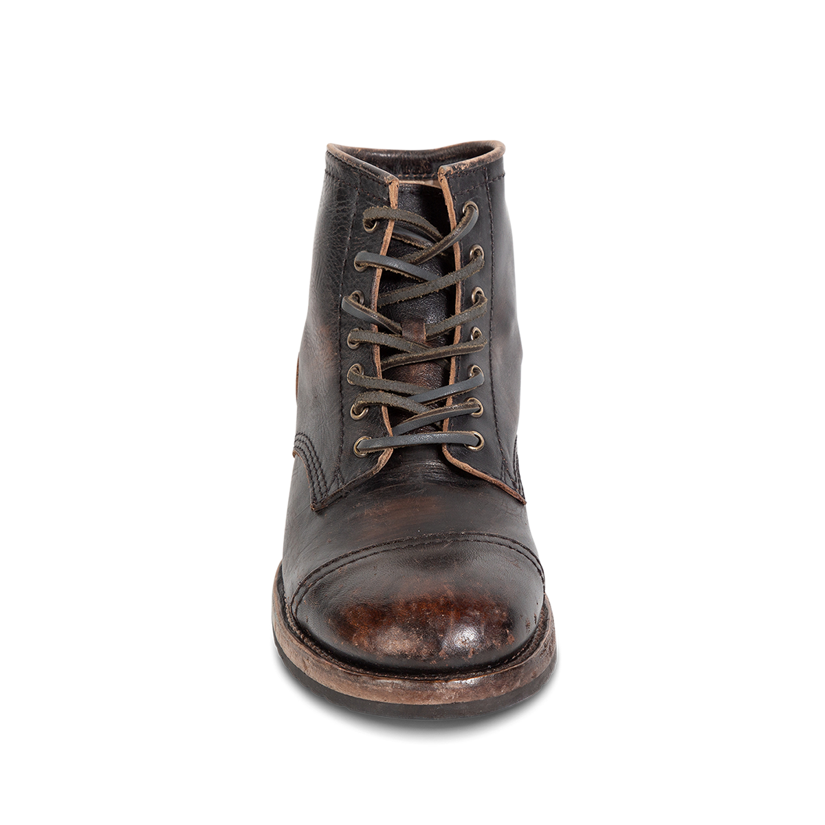 Front view showing FREEBIRD men's Leavenworth black distressed front lace closure boot with round toe construction