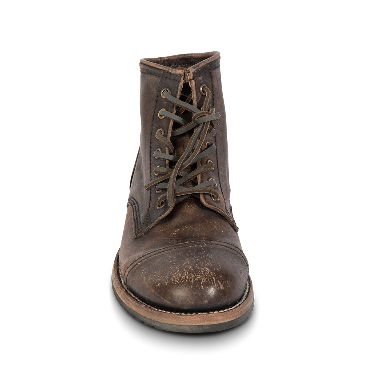 Front view showing FREEBIRD men's Leavenworth black distressed front lace closure boot with round toe construction