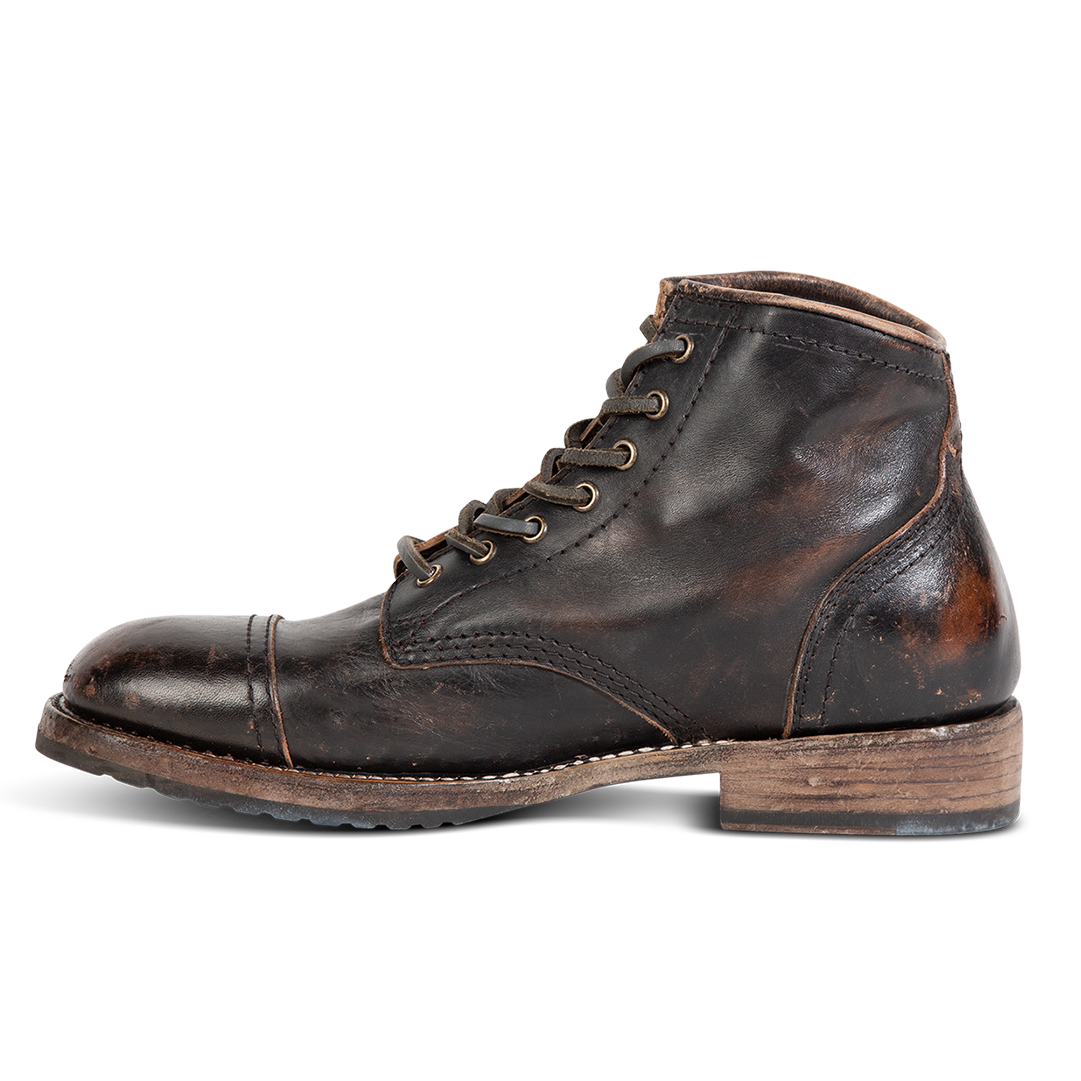 Inside view showing FREEBIRD men's Leavenworth black distressed front lace closure boot with low heel 