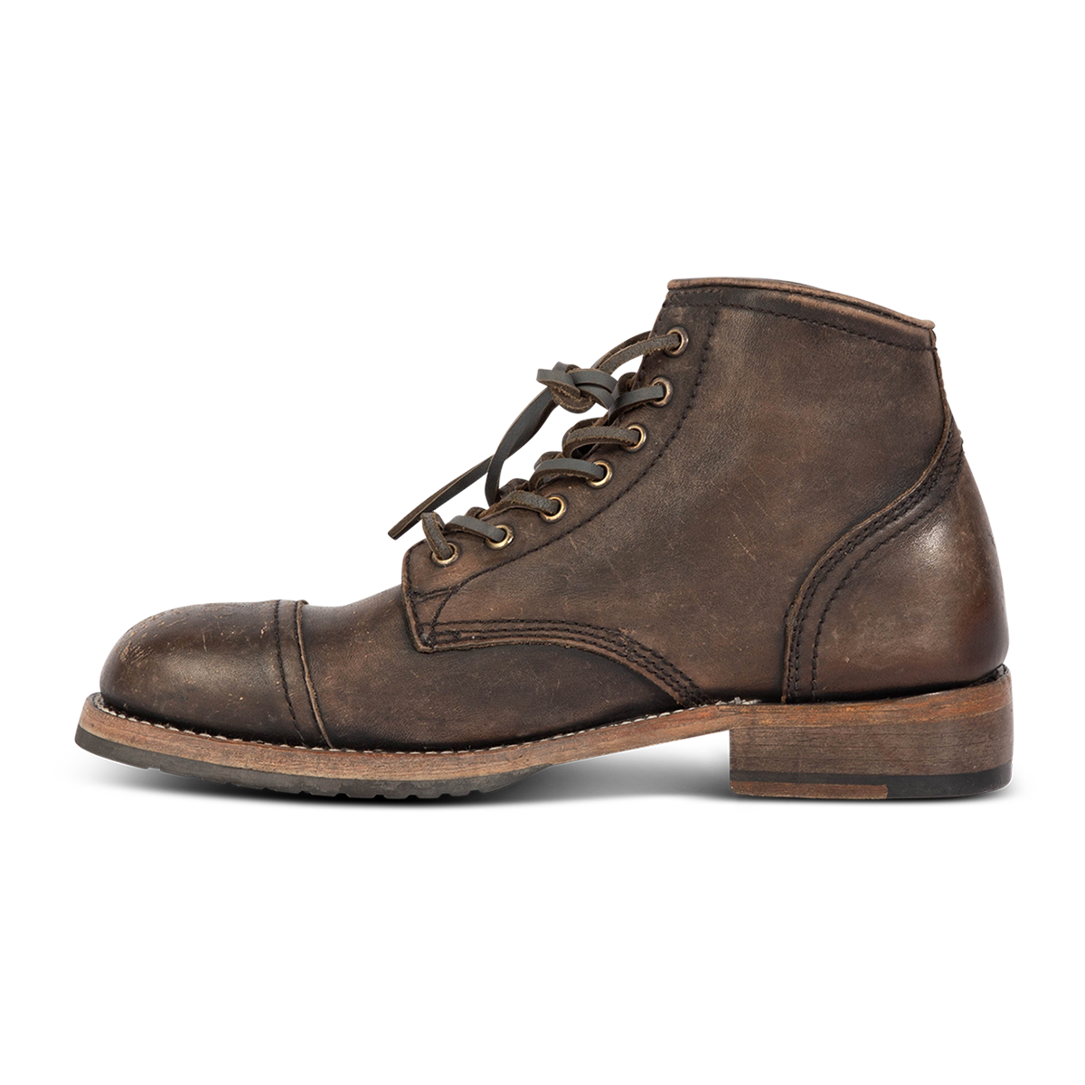 Inside view showing FREEBIRD men's Leavenworth black distressed front lace closure boot with low heel 