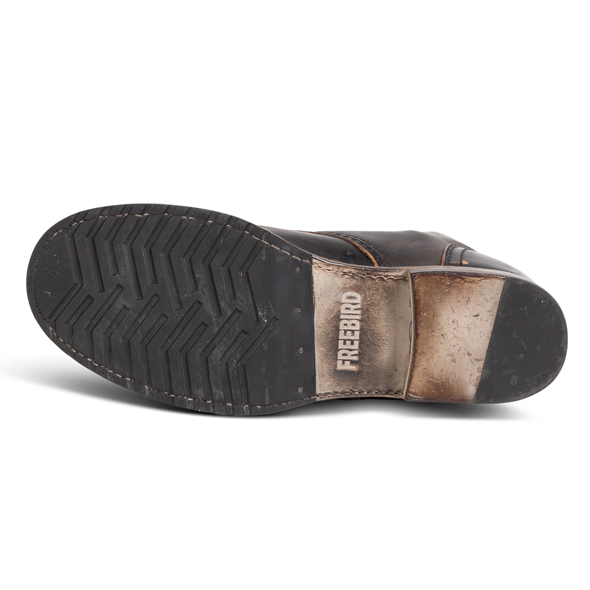 Rubber and leather sole imprinted with FREEBIRD on men's Leavenworth black distressed leather boot