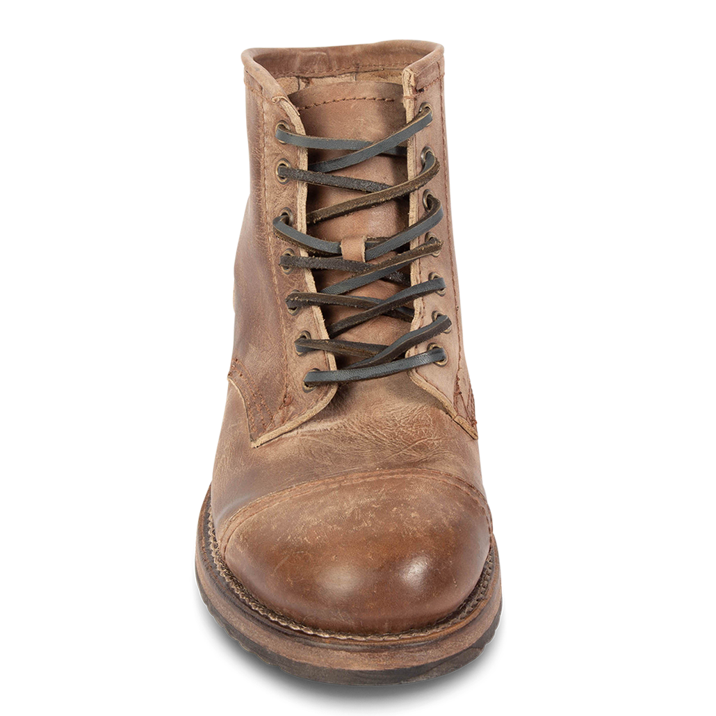Front view showing adjustable leather lace closure on FREEBIRD men's Leavenworth brown distressed boot