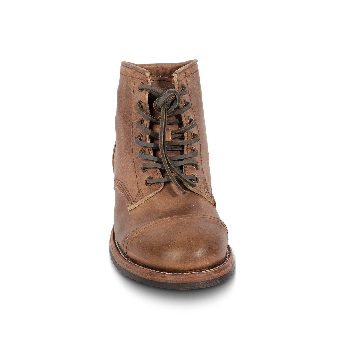 Front view showing FREEBIRD men's Leavenworth brown distressed front lace closure boot with round toe construction