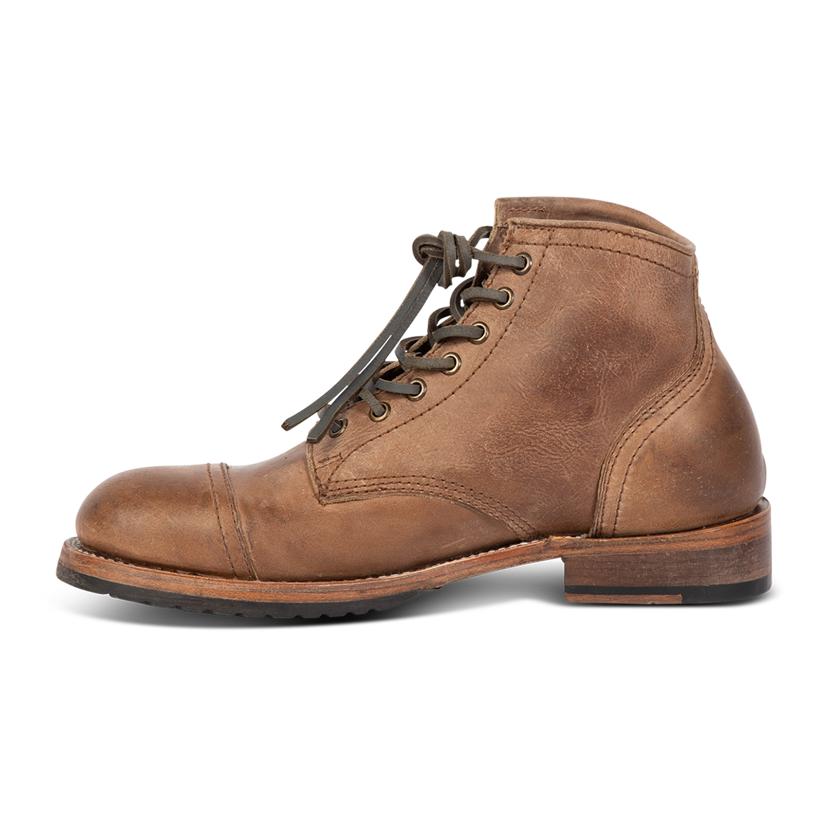 Inside view showing FREEBIRD men's Leavenworth brown distressed front lace closure boot with low heel 
