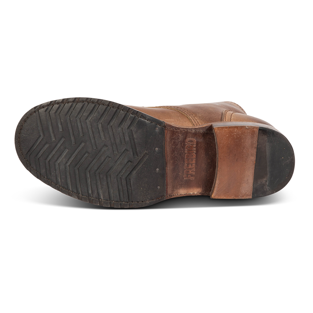 Rubber and leather sole imprinted with FREEBIRD on men's Leavenworth brown distressed leather boot