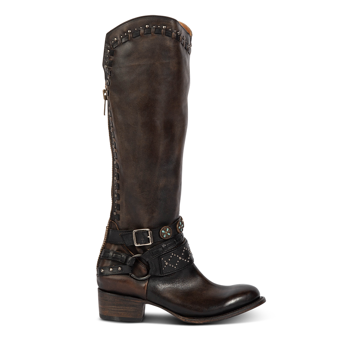 Freebird stores women's LIVELY black tall shaft leather boot with decorative belts, low heel and working back zipper 