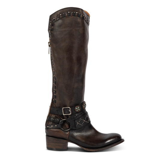 Freebird stores women's LIVELY black tall shaft leather boot with decorative belts, low heel and working back zipper 