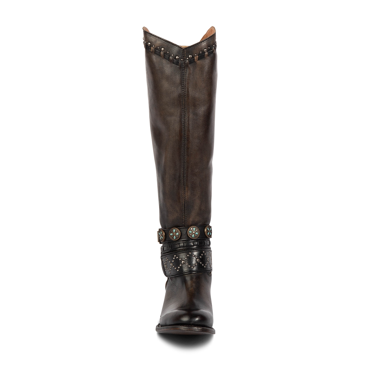 Front view showing Freebird stores women's LIVELY black tall shaft leather boot with decorative belts and v-cut shin cutout