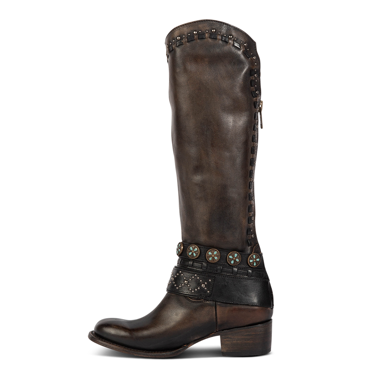 Inside view showing Freebird stores women's LIVELY black tall shaft leather boot with decorative belts, low heel and working back zipper 
