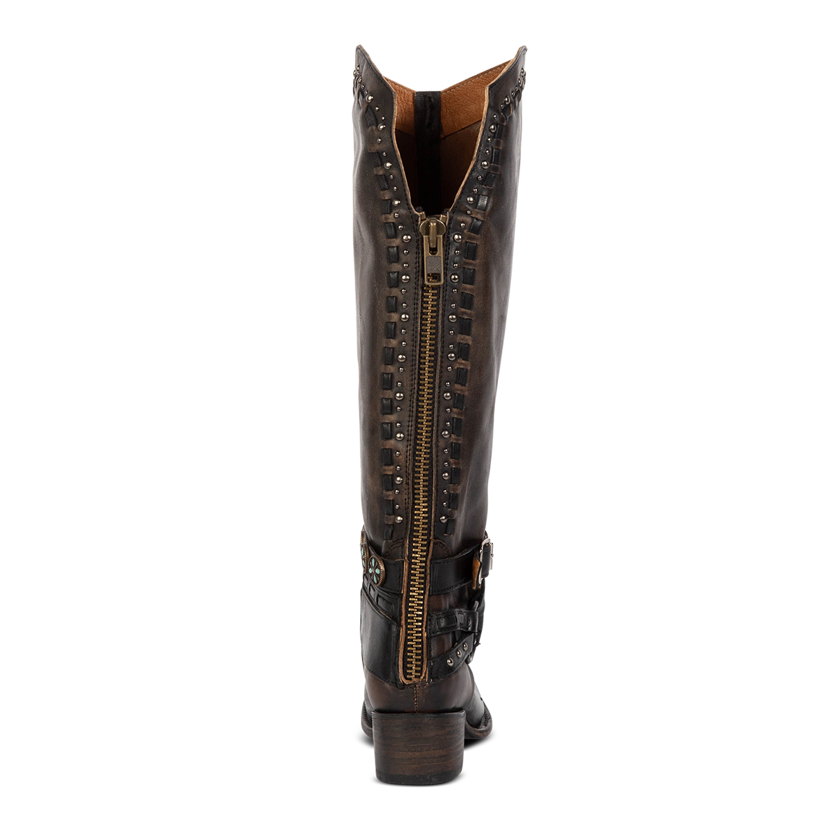 Back view showing Freebird women's LIVELY black tall shaft leather working brass zipper and low heel 