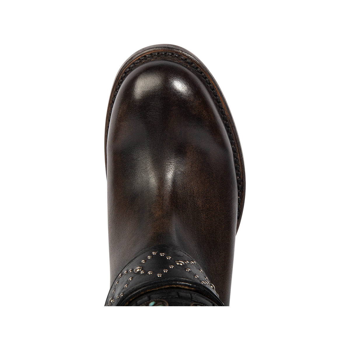 Top view showing a round toe construction on Freebird women's LIVELY black leather boot 