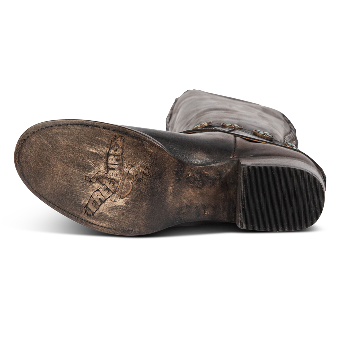 Leather sole imprinted with FREEBIRD on women's LIVELY black leather boot 