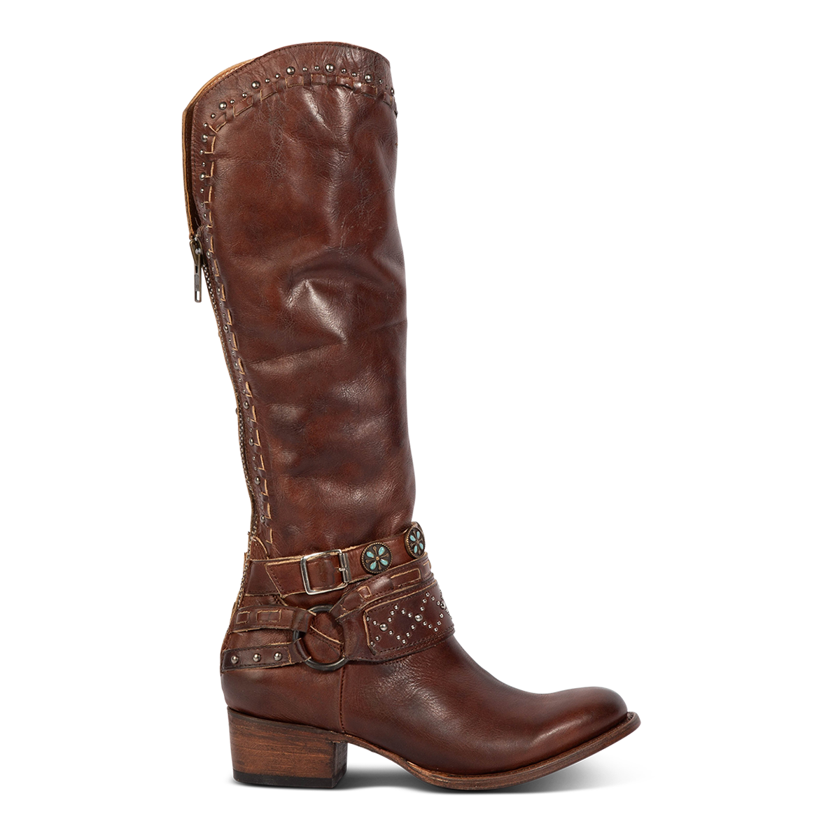 Freebird stores women's LIVELY cognac tall shaft leather boot with decorative belts, low heel and working back zipper 