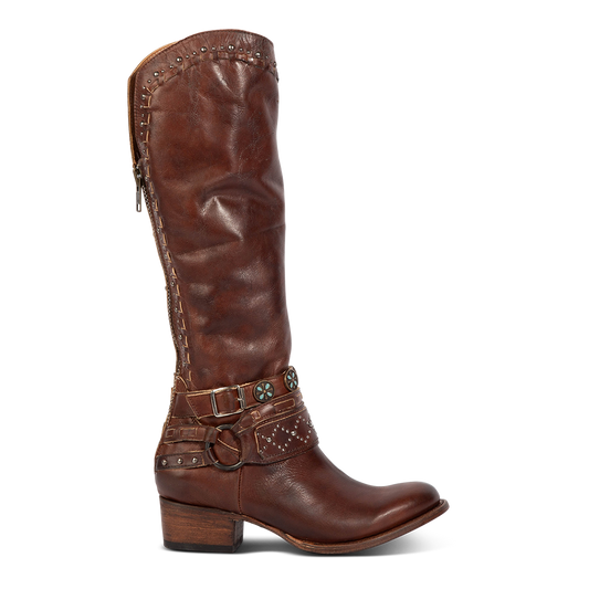 Freebird stores women's LIVELY cognac tall shaft leather boot with decorative belts, low heel and working back zipper 