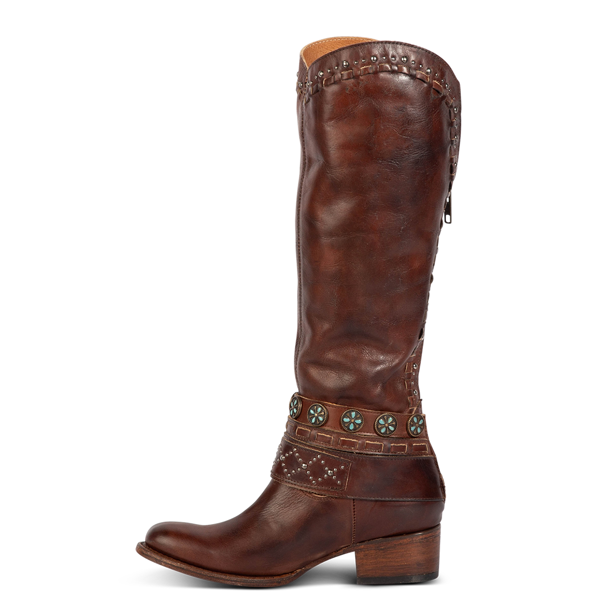 Inside view showing Freebird stores women's LIVELY cognac tall shaft leather boot with decorative belts, low heel and working back zipper 