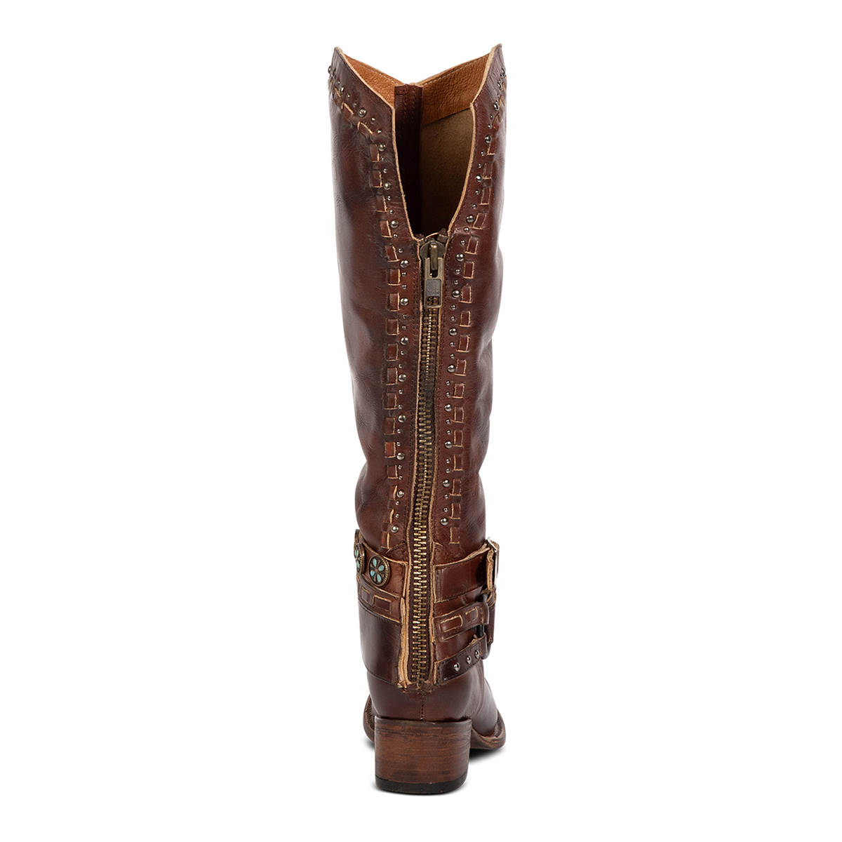 Back view showing Freebird women's LIVELY cognac tall shaft leather working brass zipper and low heel 